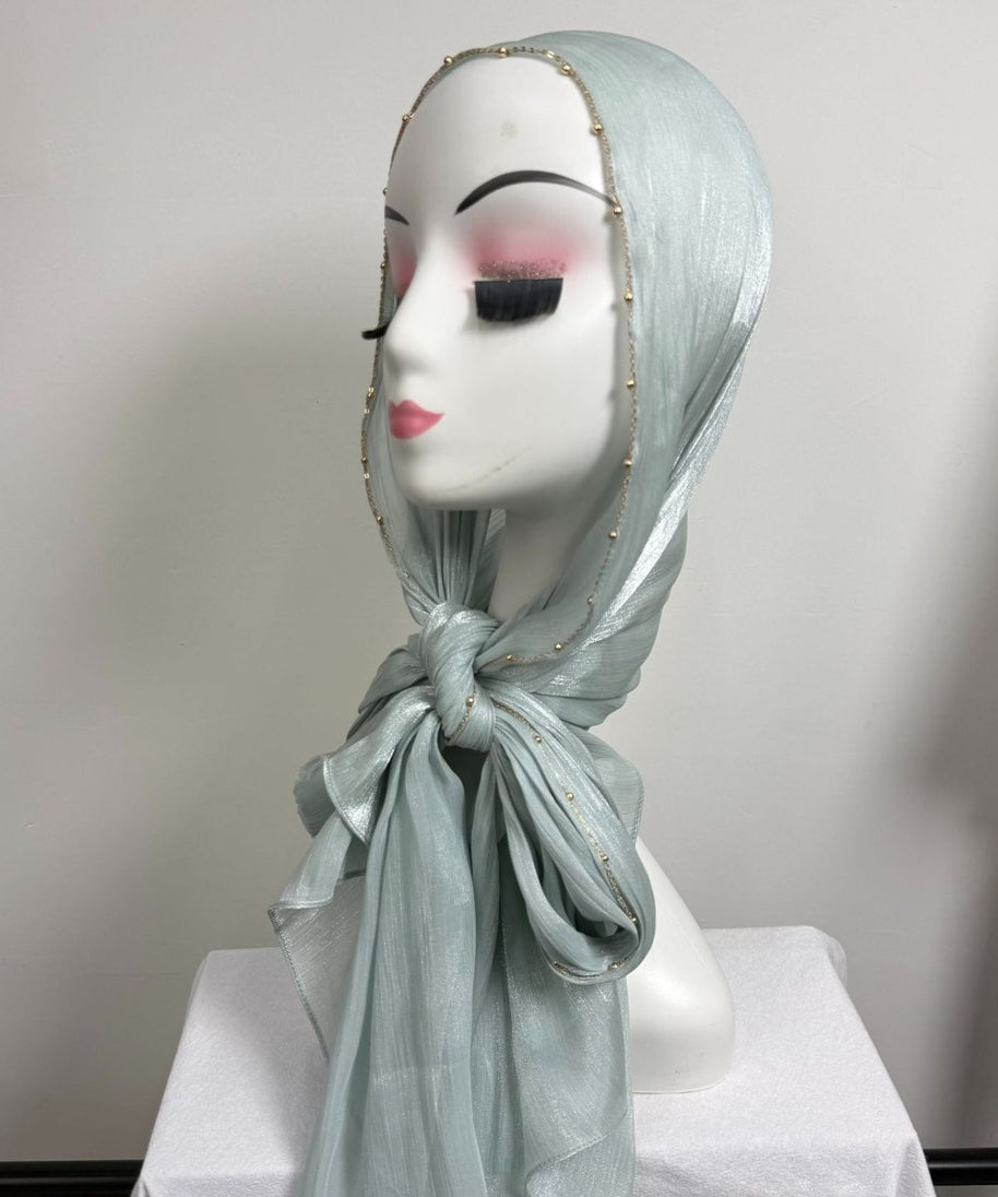 Gold Chain Beaded Edge Crinkle Satin Hijab(MH238)