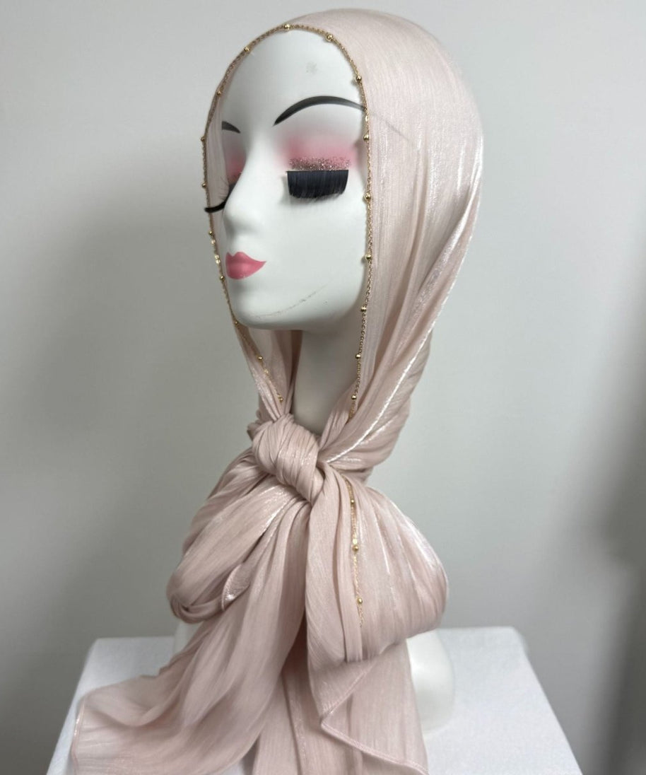 Gold Chain Beaded Edge Crinkle Satin Hijab(MH238)
