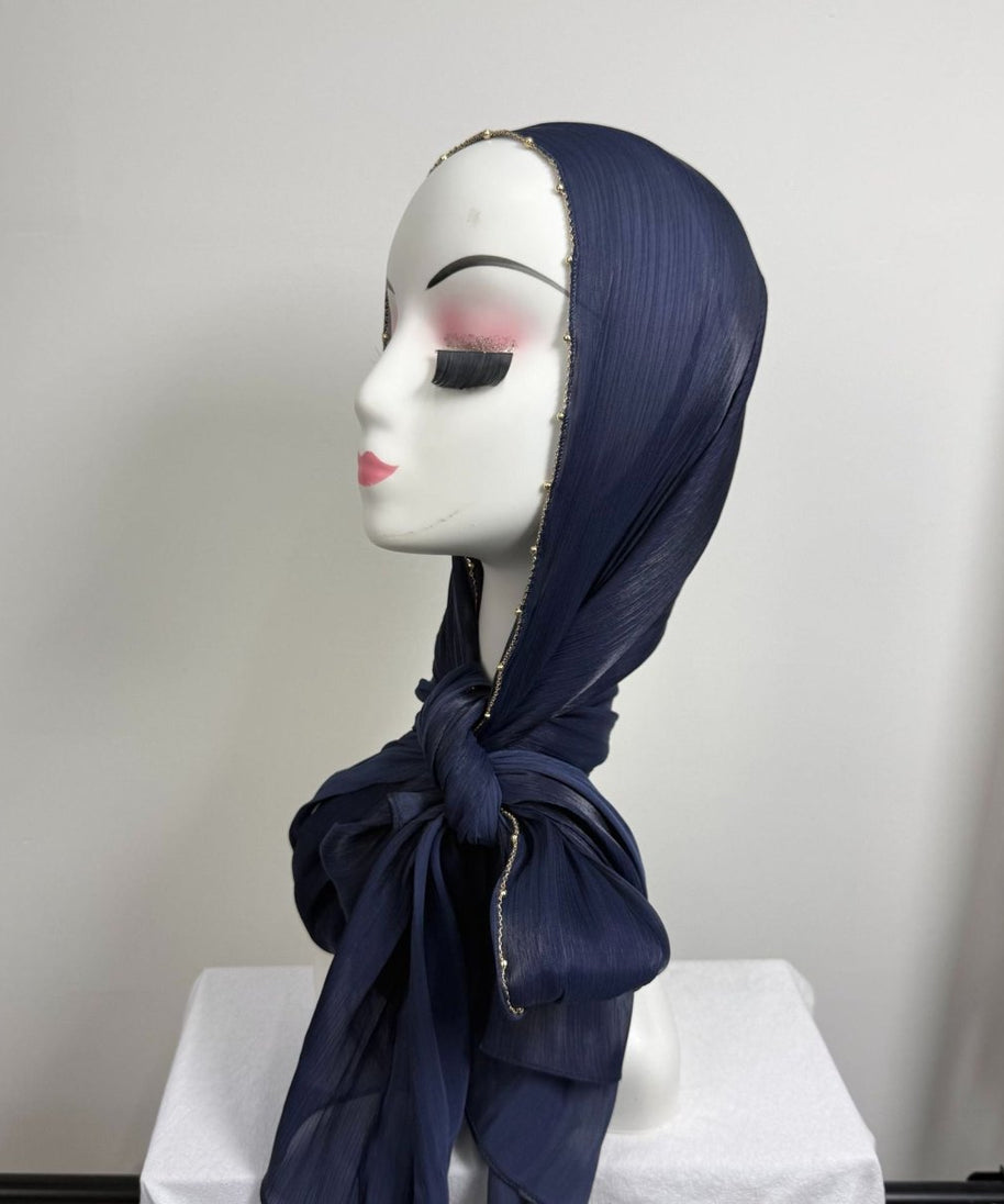 Gold Chain Beaded Edge Crinkle Satin Hijab(MH238)