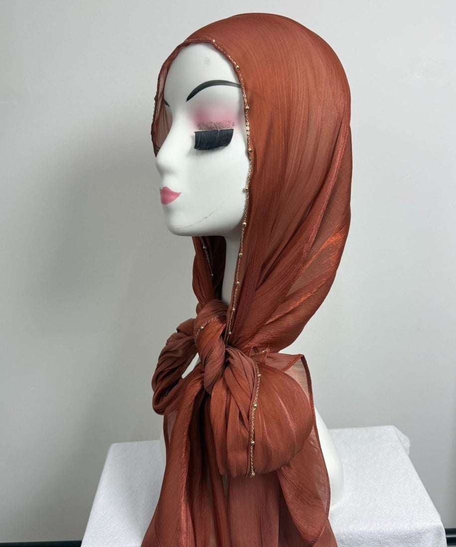 Gold Chain Beaded Edge Crinkle Satin Hijab(MH238)