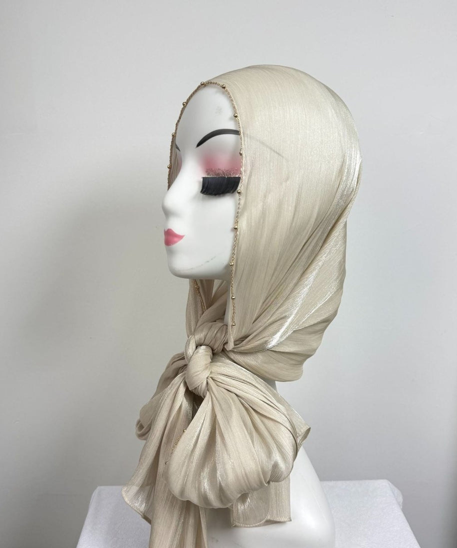 Gold Chain Beaded Edge Crinkle Satin Hijab(MH238)