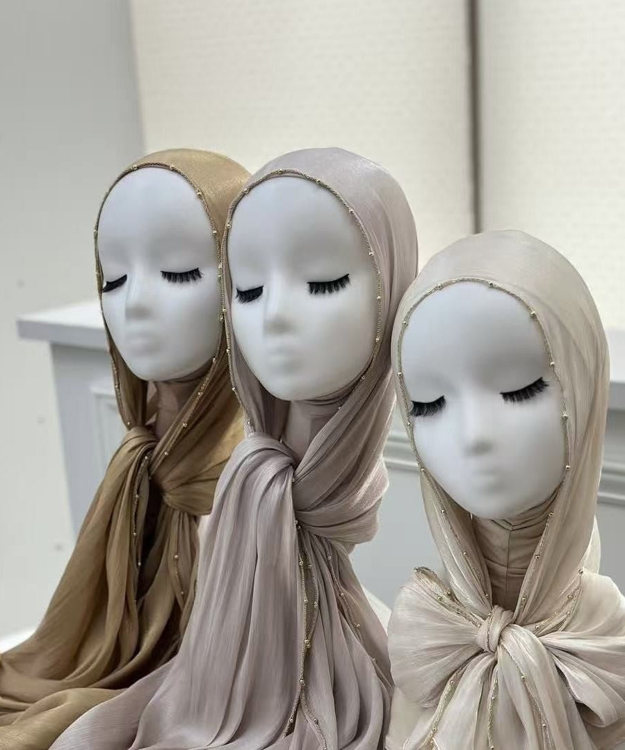 Gold Chain Beaded Edge Crinkle Satin Hijab(MH238)