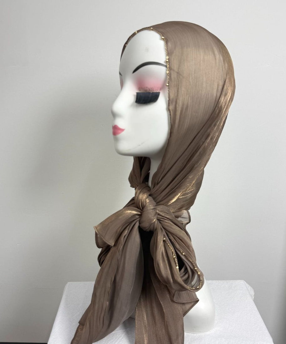Gold Chain Beaded Edge Crinkle Satin Hijab(MH238)