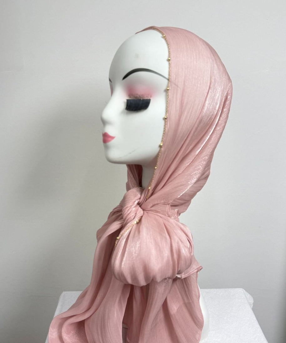 Gold Chain Beaded Edge Crinkle Satin Hijab(MH238)