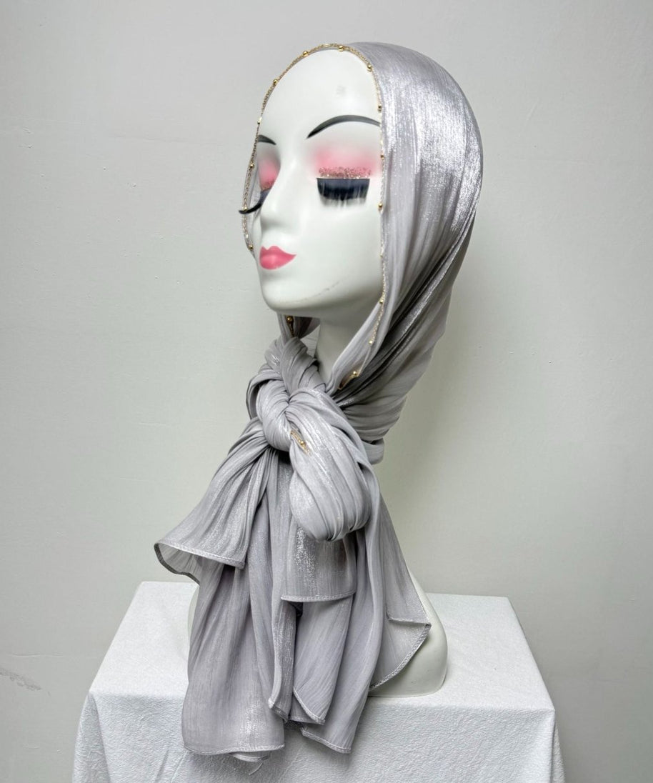 Gold Chain Beaded Edge Crinkle Satin Hijab(MH238)