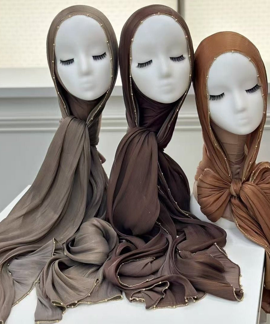 Gold Chain Beaded Edge Crinkle Satin Hijab(MH238)
