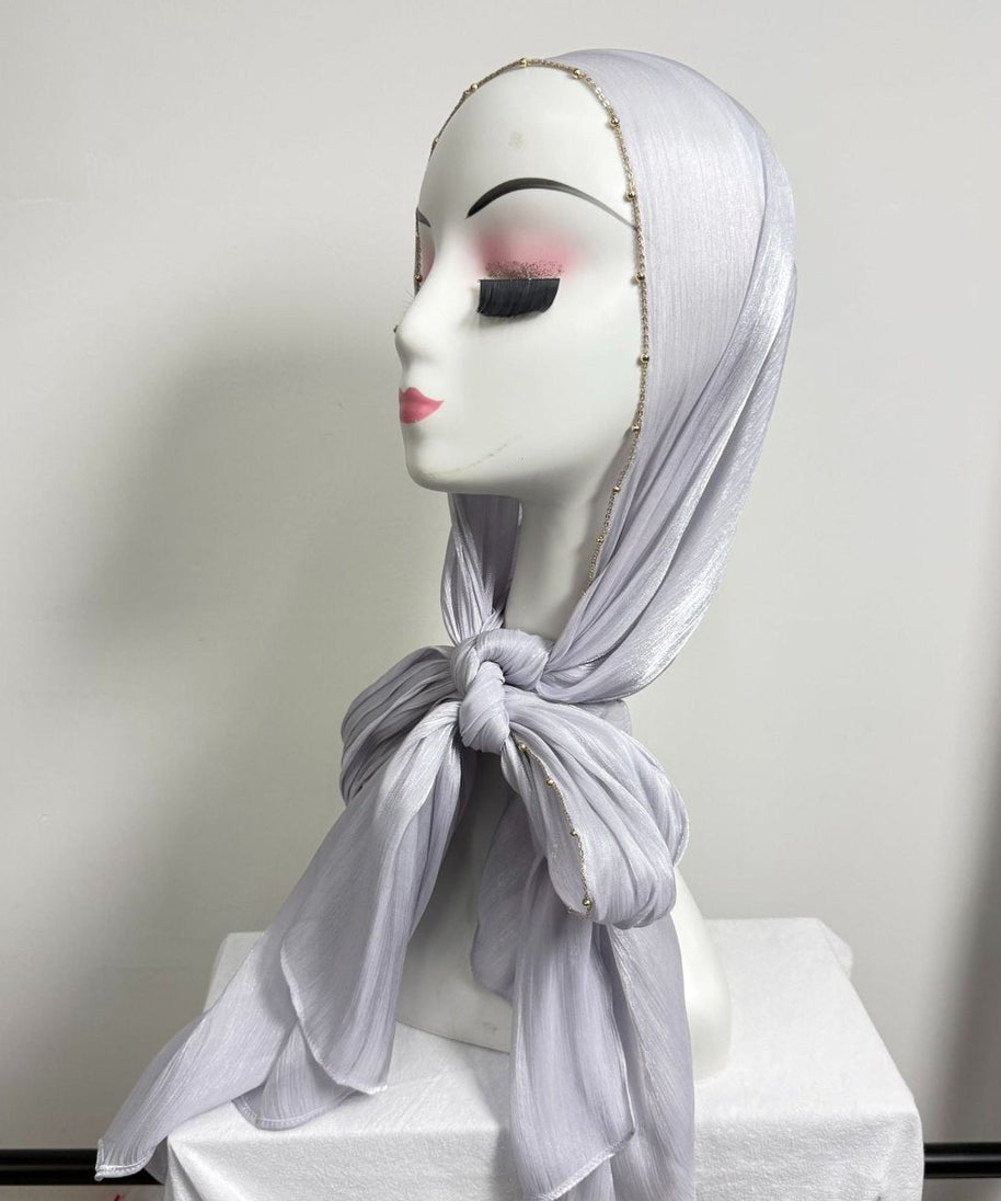 Gold Chain Beaded Edge Crinkle Satin Hijab(MH238)