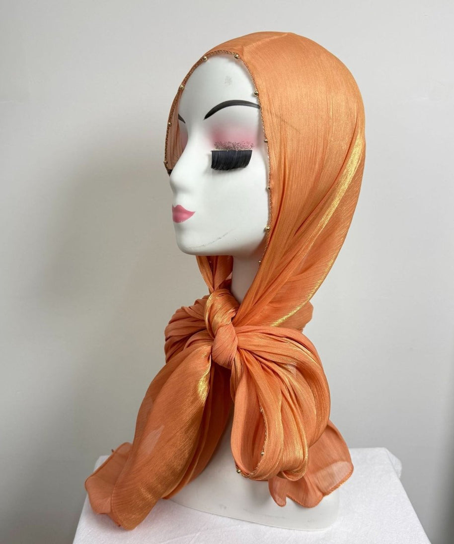 Gold Chain Beaded Edge Crinkle Satin Hijab(MH238)