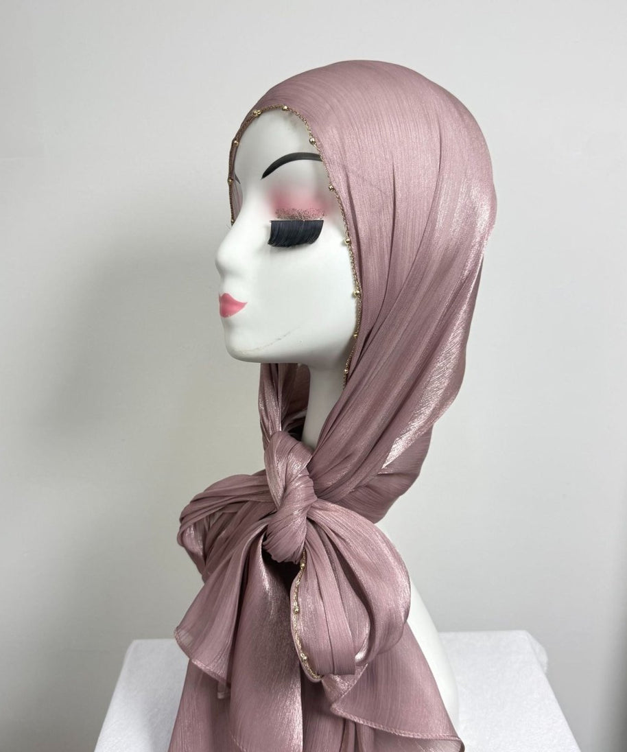 Gold Chain Beaded Edge Crinkle Satin Hijab(MH238)