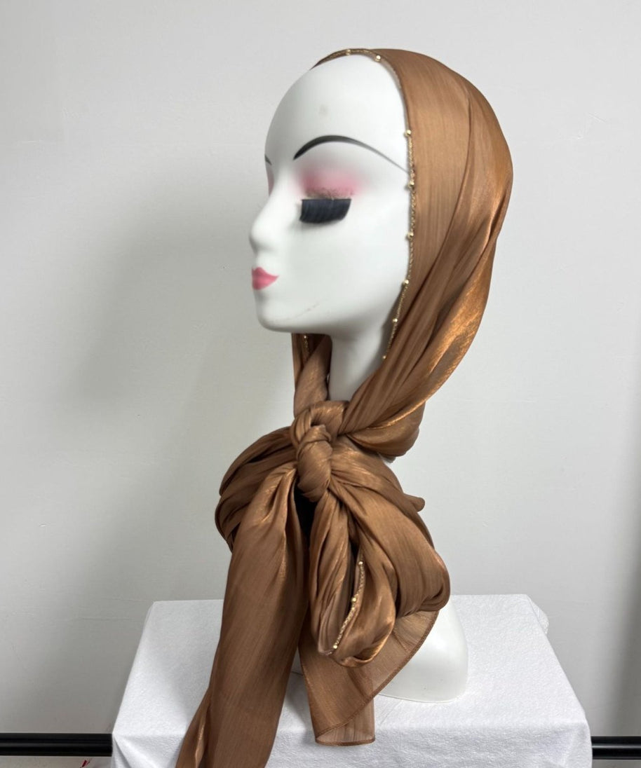 Gold Chain Beaded Edge Crinkle Satin Hijab(MH238)