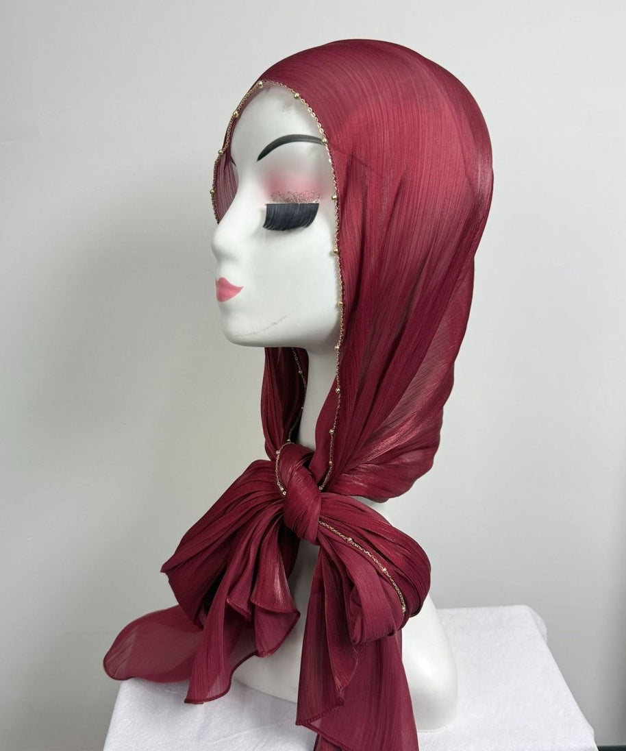 Gold Chain Beaded Edge Crinkle Satin Hijab(MH238)