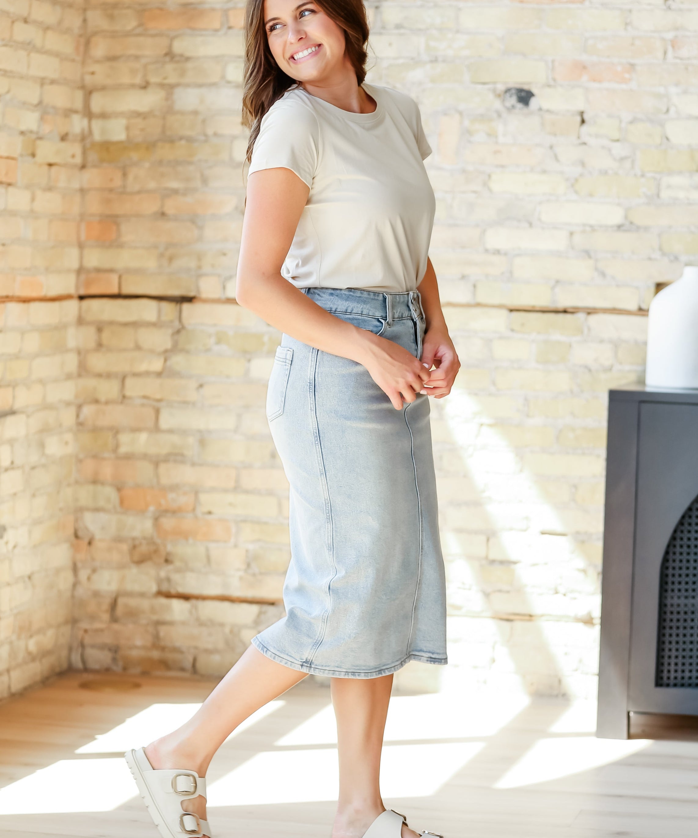 Greta Light Wash Midi Denim Skirt - FINAL SALE