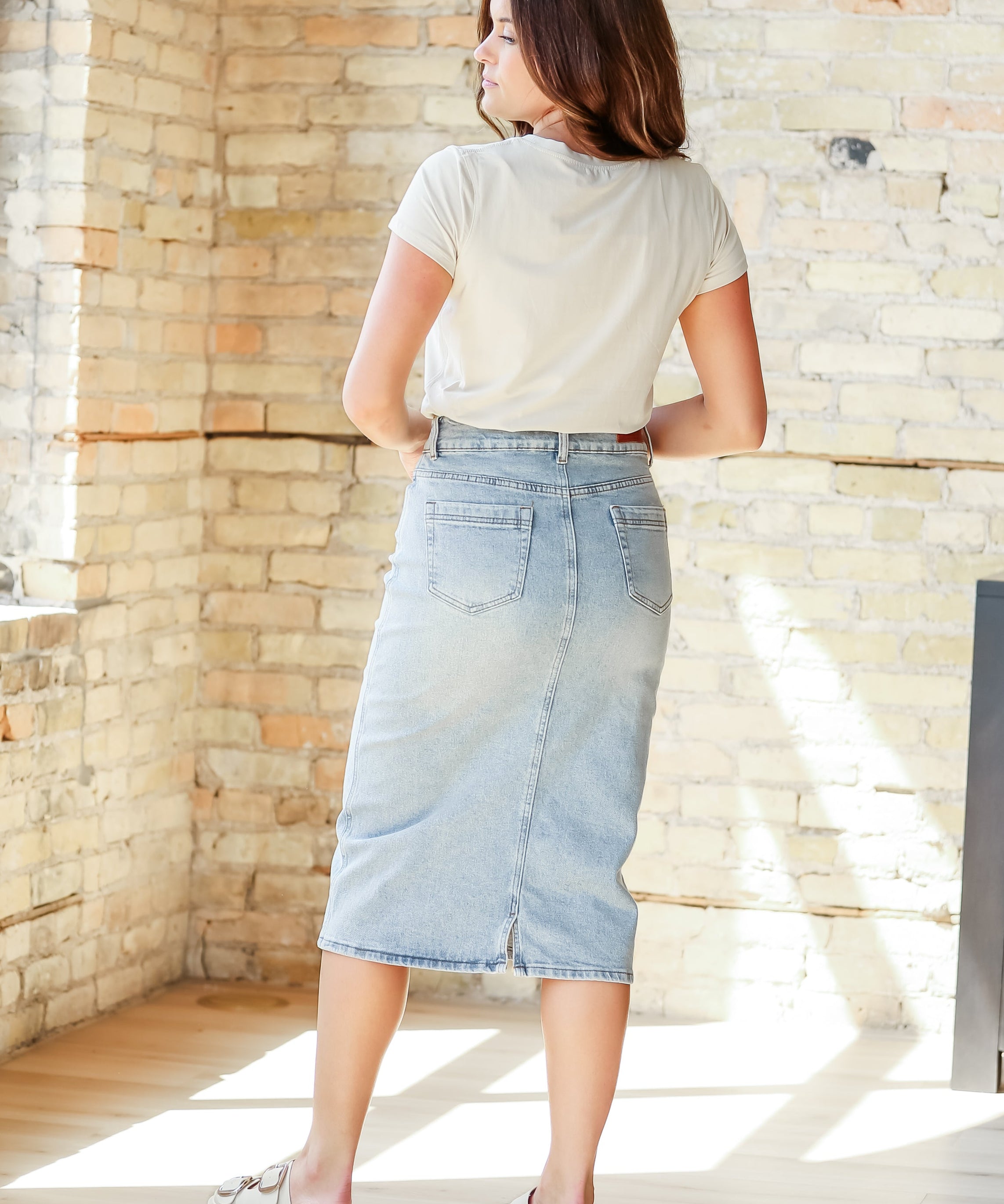 Greta Light Wash Midi Denim Skirt - FINAL SALE