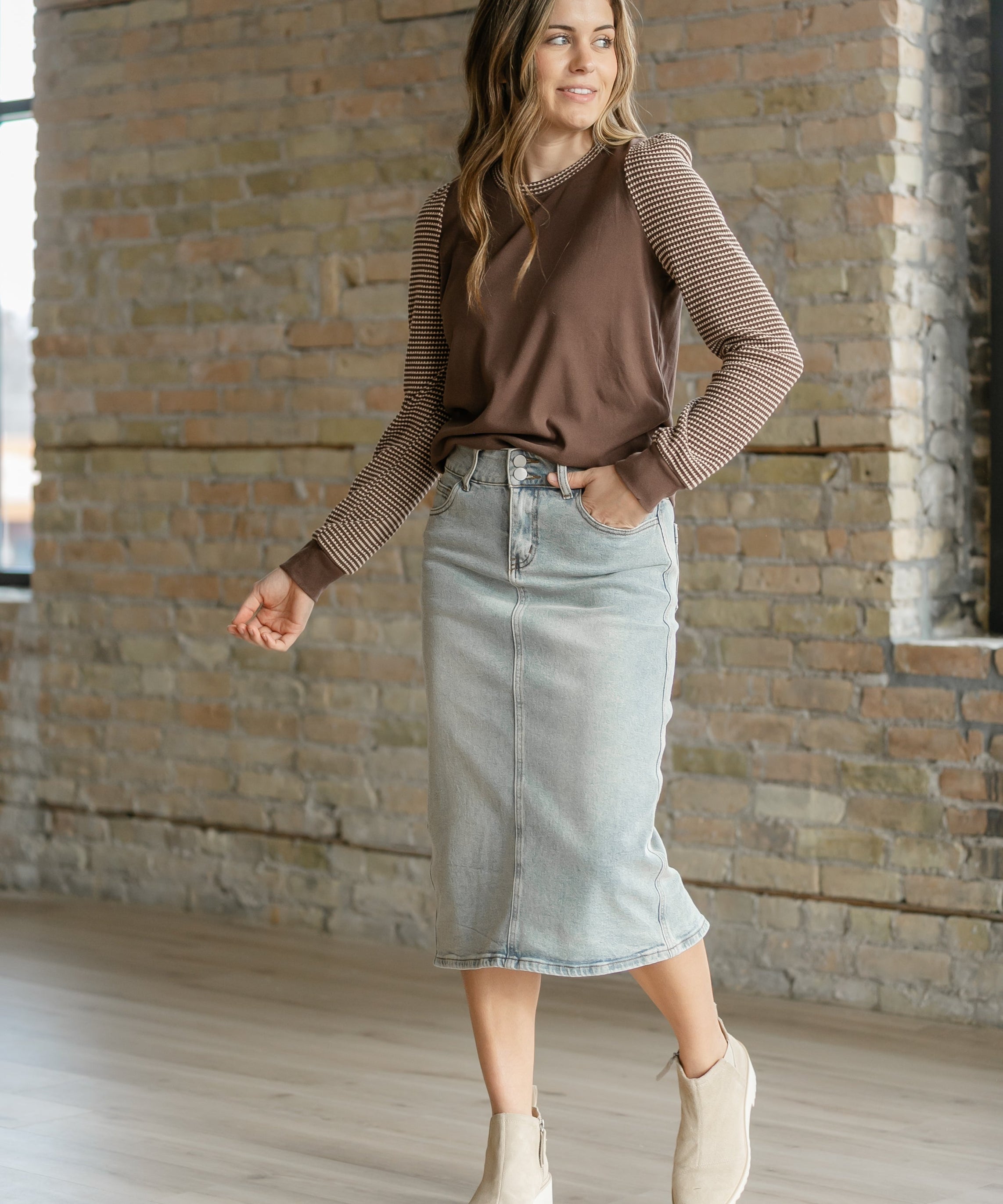 Greta Light Wash Midi Denim Skirt - FINAL SALE
