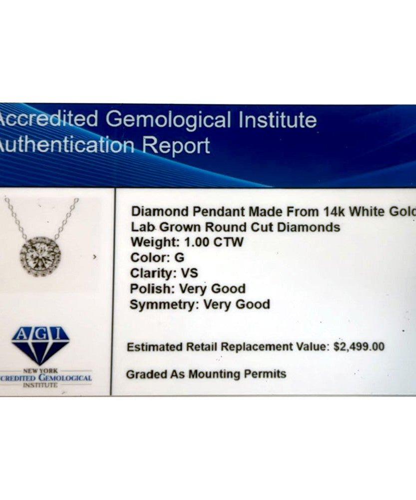 AGI Certified Lab-Grown Diamond Halo Pendant Necklace in 14kt White Gold – 1 CTW or 2 CTW