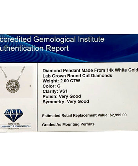 AGI Certified Lab-Grown Diamond Halo Pendant Necklace in 14kt White Gold – 1 CTW or 2 CTW