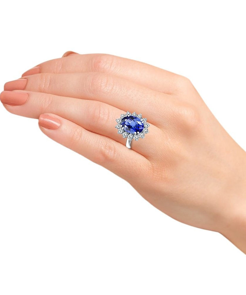 Princess Diana Inspired 3.00CTW AGI Certified G/VS Lab-Grown Sapphire and Diamond Halo Ring in 14K White Gold