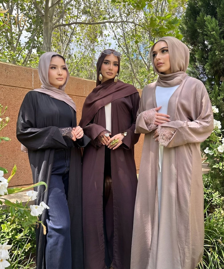 Lace Cuff Crinkle Open Abaya(MOA328)