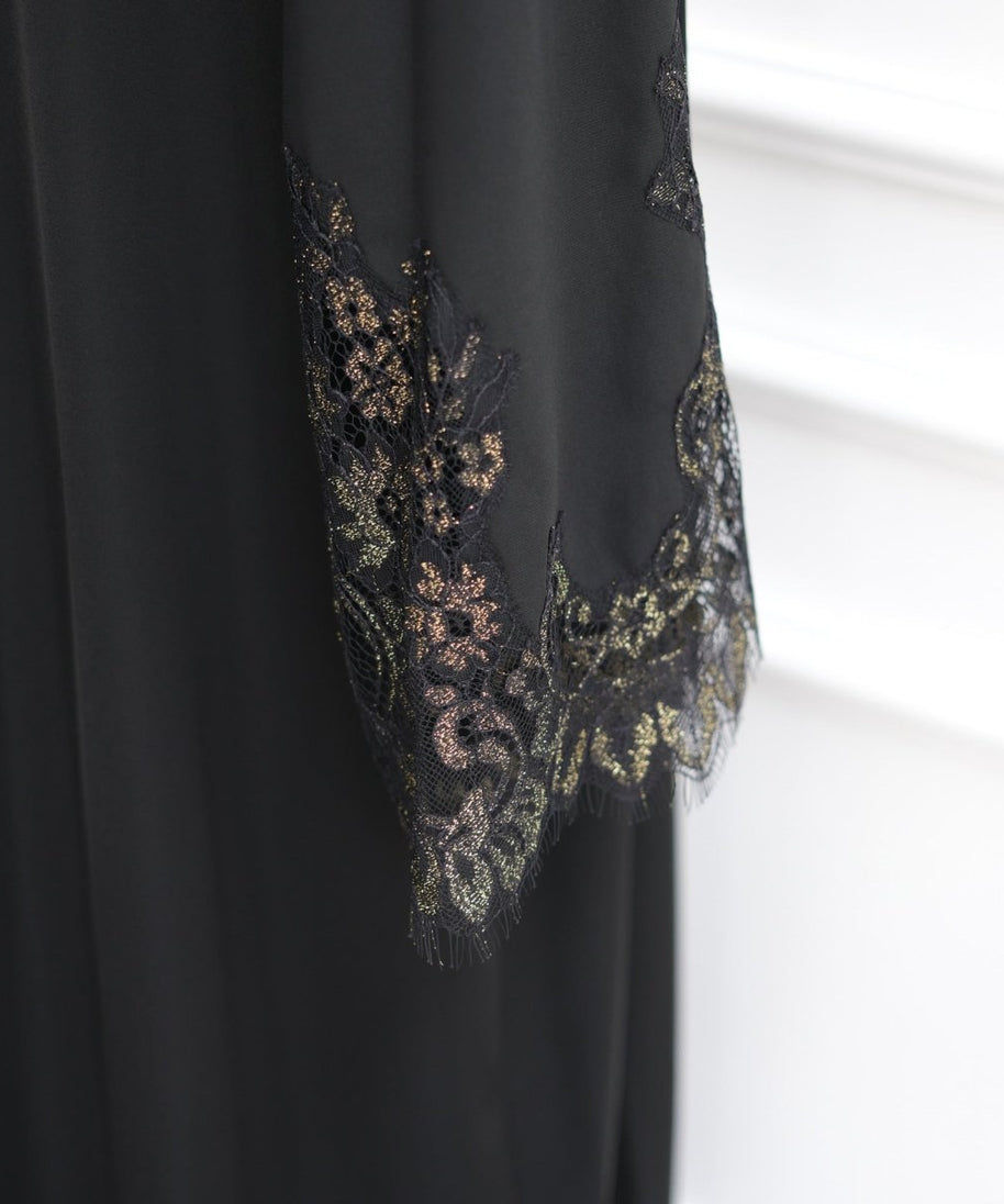 Lace-Panel Flared-Sleeve Open Abaya with Pockets(MOA332)