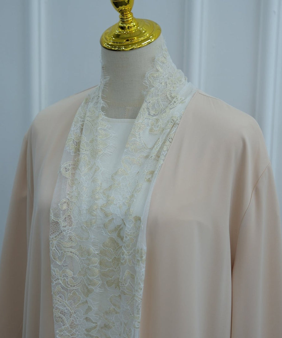 Lace-Panel Flared-Sleeve Open Abaya with Pockets(MOA332)