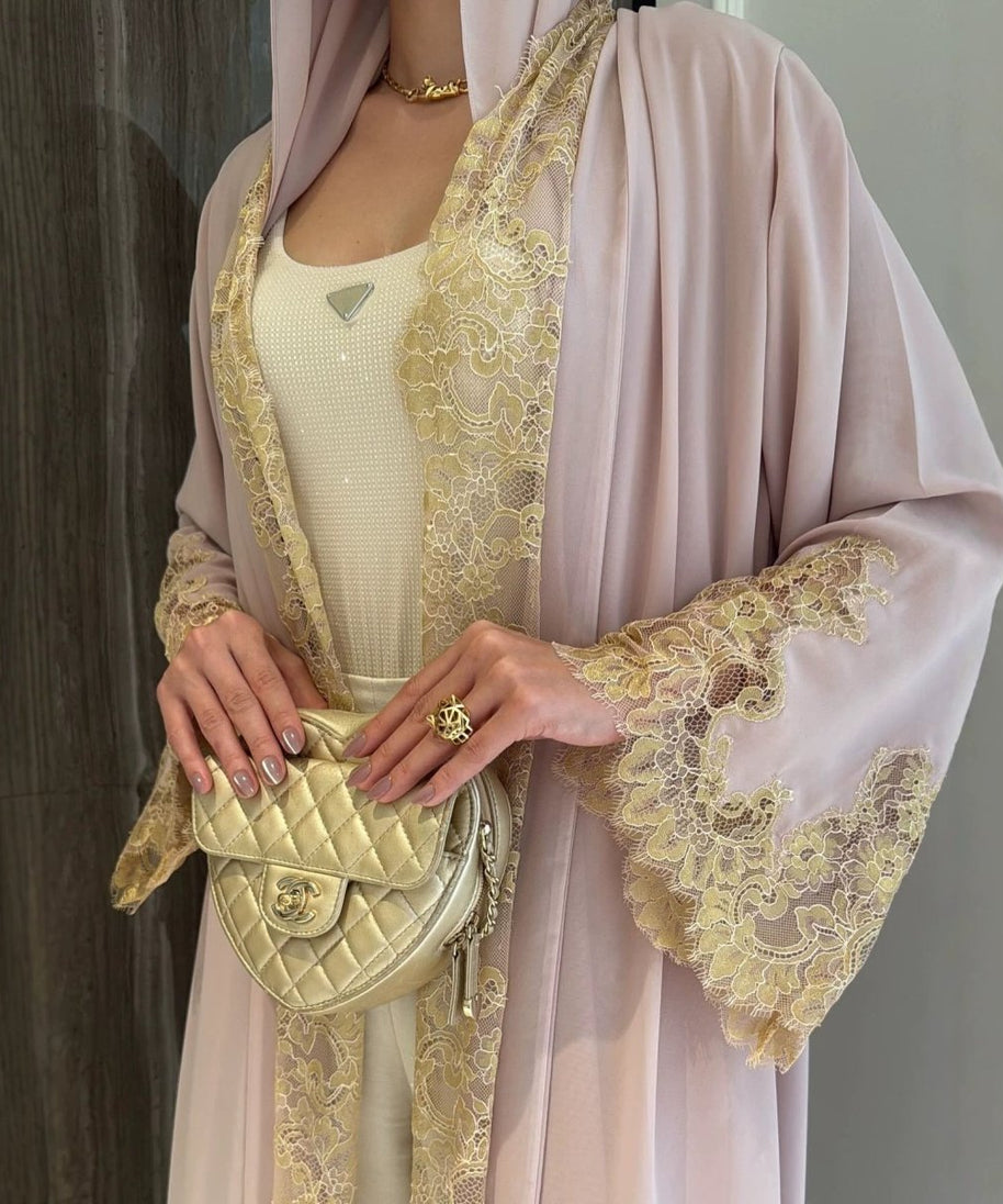 Lace-Panel Flared-Sleeve Open Abaya with Pockets(MOA332)