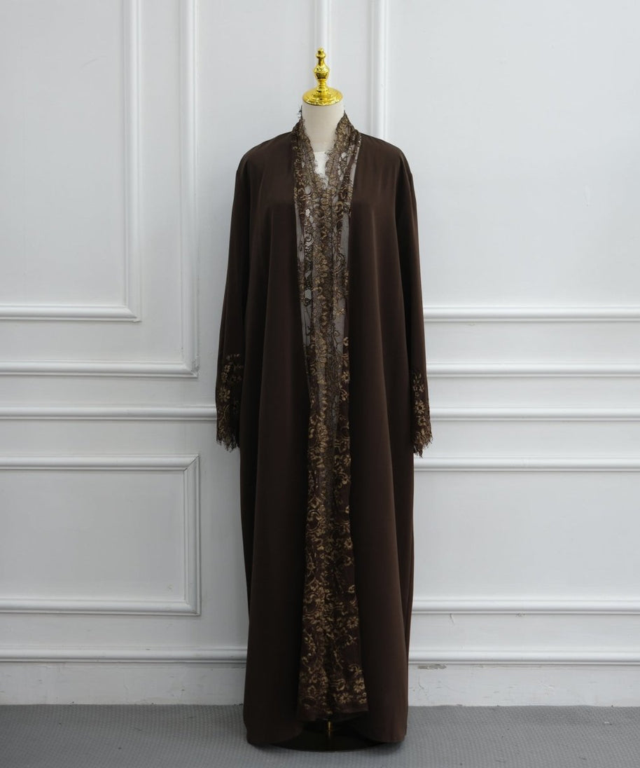 Lace-Panel Flared-Sleeve Open Abaya with Pockets(MOA332)