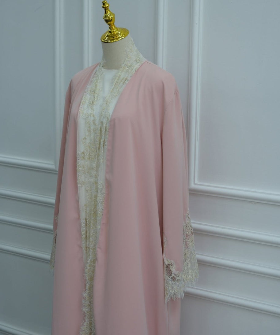 Lace-Panel Flared-Sleeve Open Abaya with Pockets(MOA332)