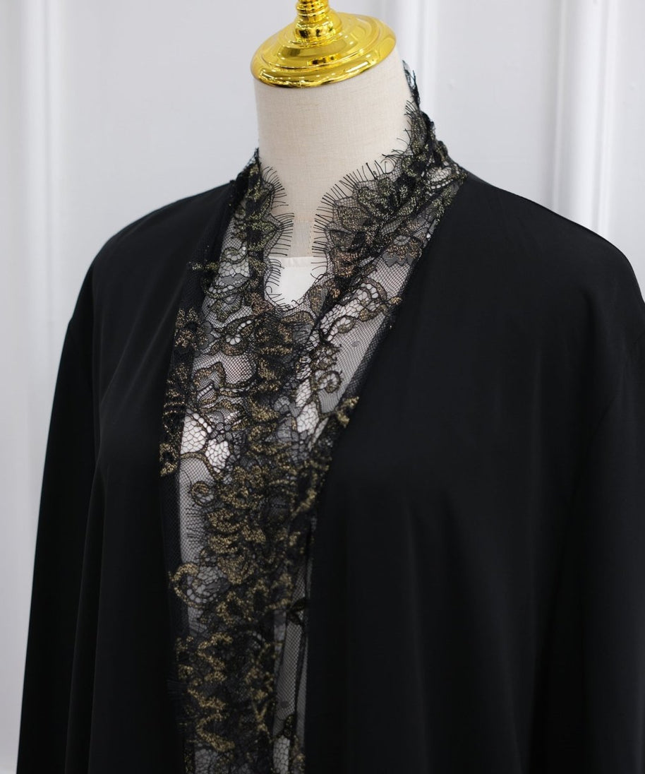 Lace-Panel Flared-Sleeve Open Abaya with Pockets(MOA332)