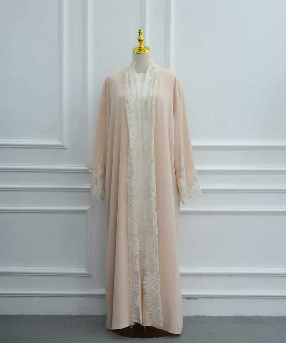 Lace-Panel Flared-Sleeve Open Abaya with Pockets(MOA332)