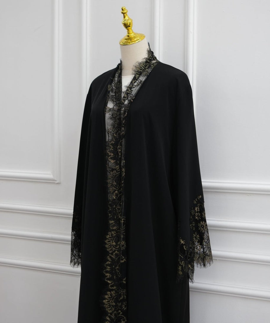 Lace-Panel Flared-Sleeve Open Abaya with Pockets(MOA332)