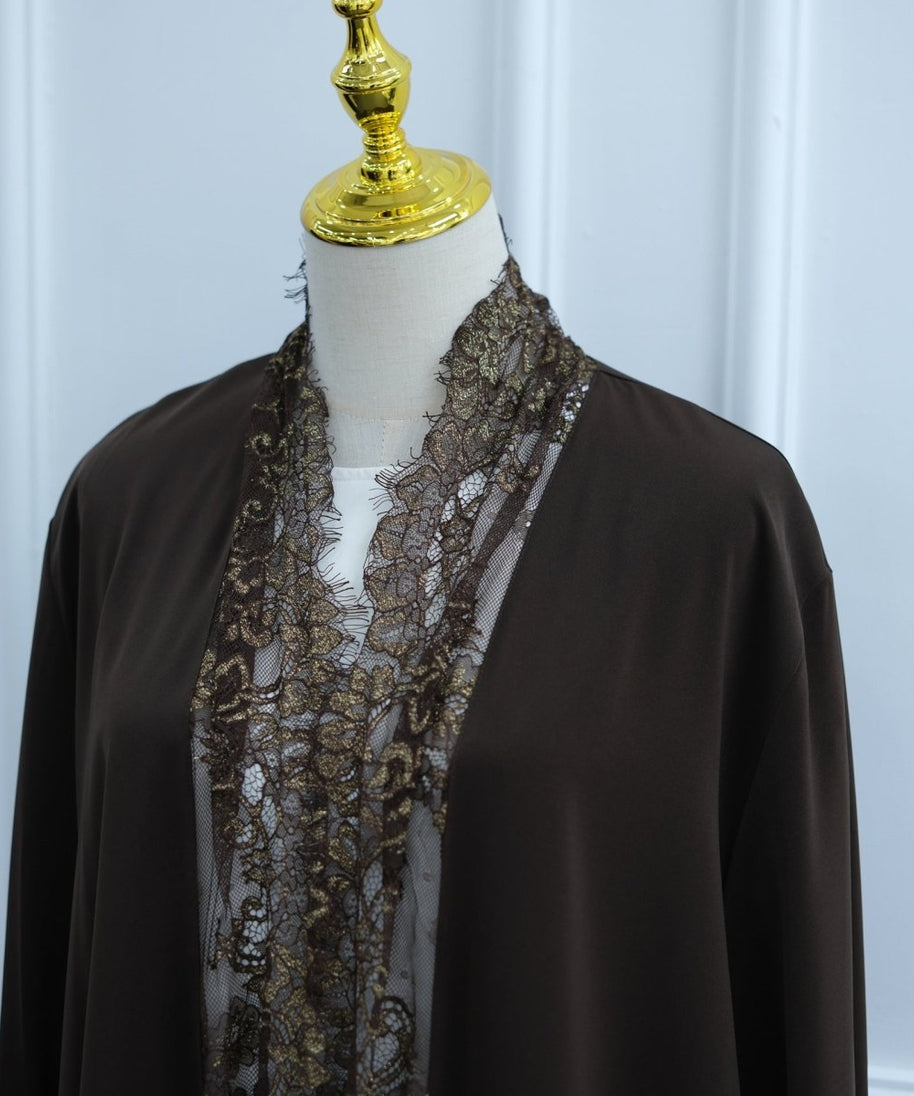 Lace-Panel Flared-Sleeve Open Abaya with Pockets(MOA332)