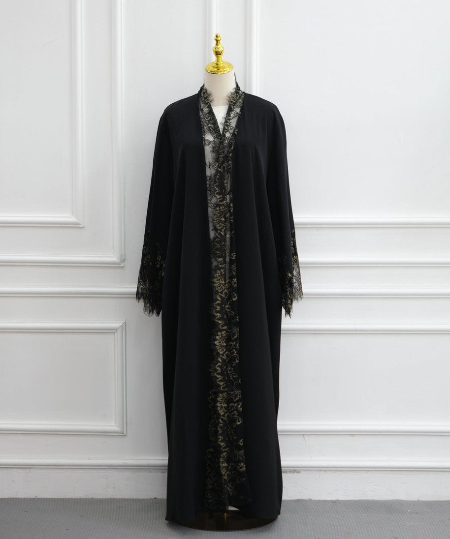 Lace-Panel Flared-Sleeve Open Abaya with Pockets(MOA332)