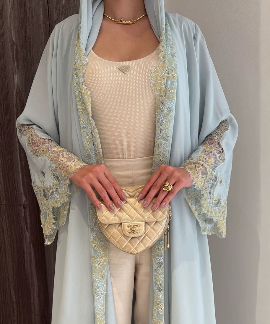 Lace-Panel Flared-Sleeve Open Abaya with Pockets(MOA332)