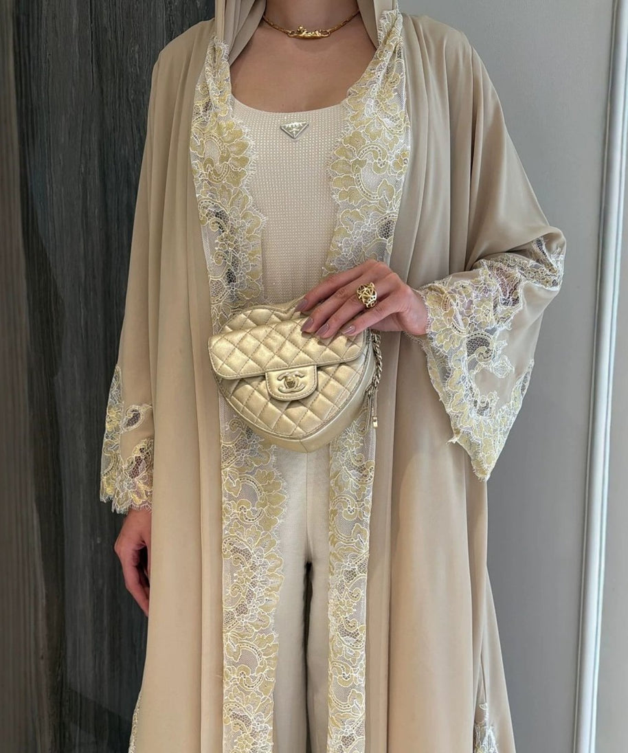 Lace-Panel Flared-Sleeve Open Abaya with Pockets(MOA332)