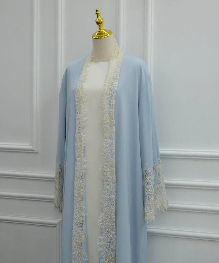 Lace-Panel Flared-Sleeve Open Abaya with Pockets(MOA332)