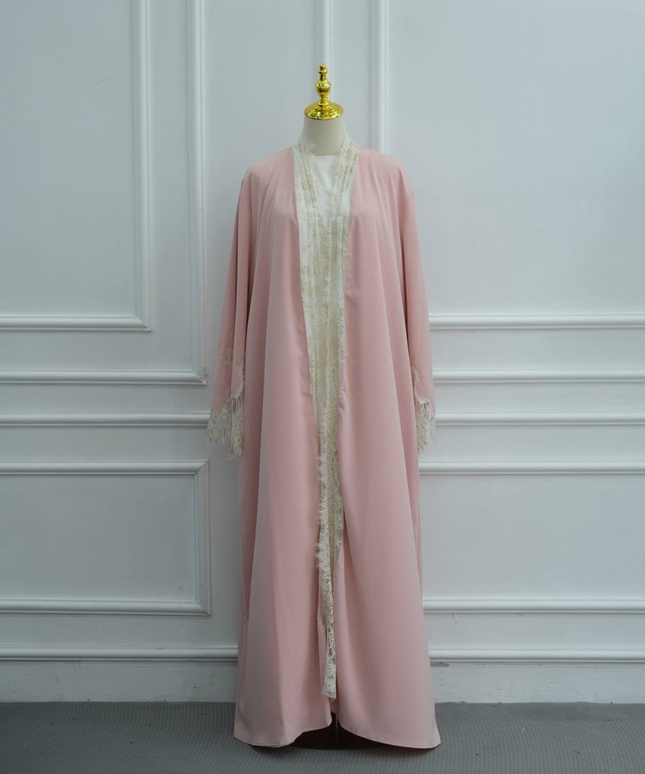Lace-Panel Flared-Sleeve Open Abaya with Pockets(MOA332)
