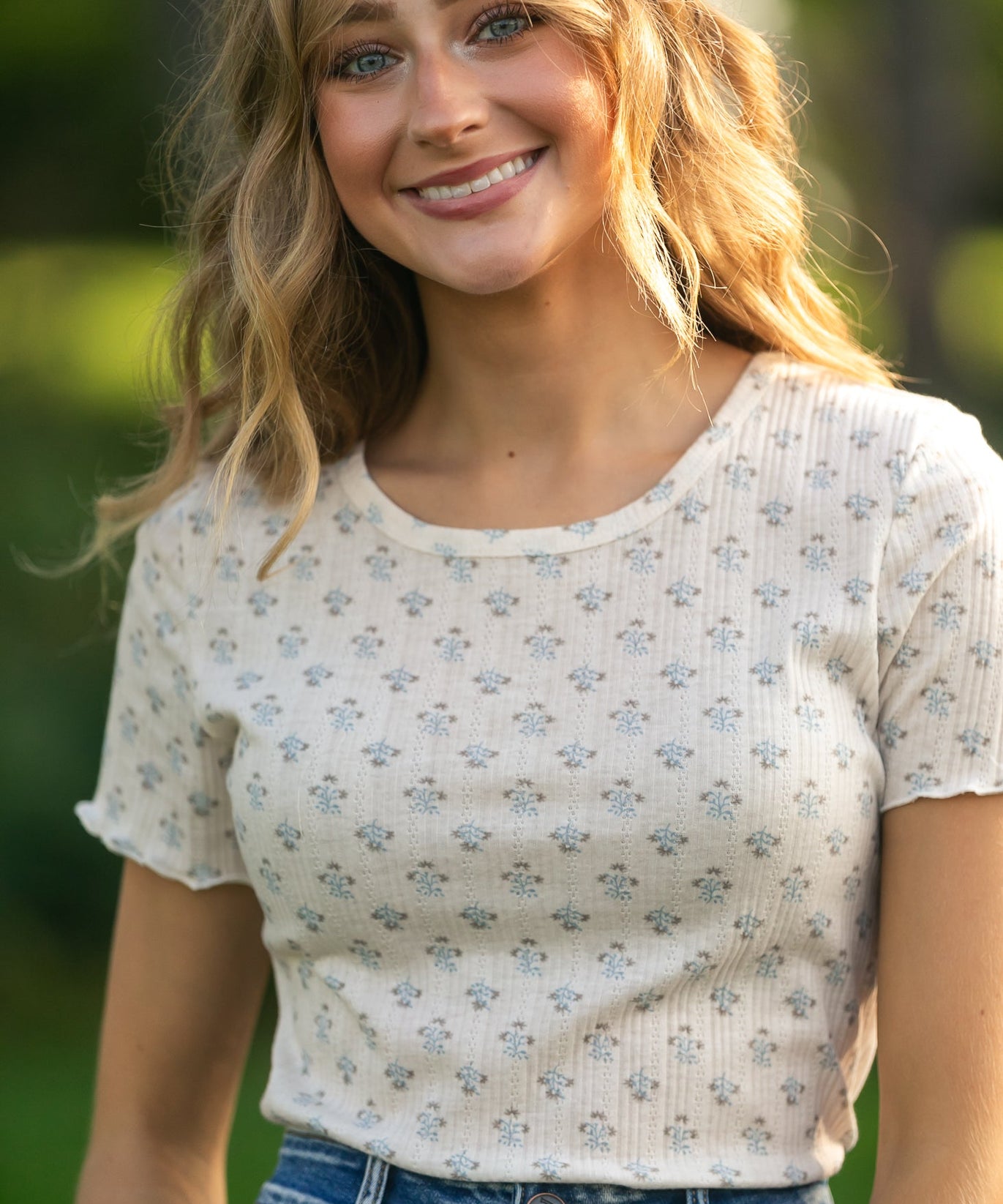 Larza Blue Floral Lettuce Hem Top - FINAL SALE
