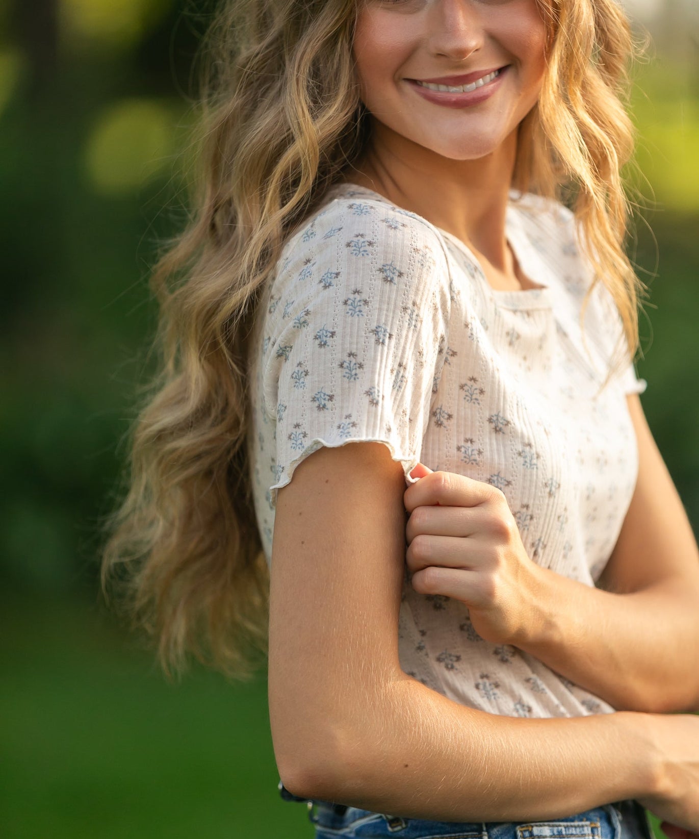 Larza Blue Floral Lettuce Hem Top - FINAL SALE