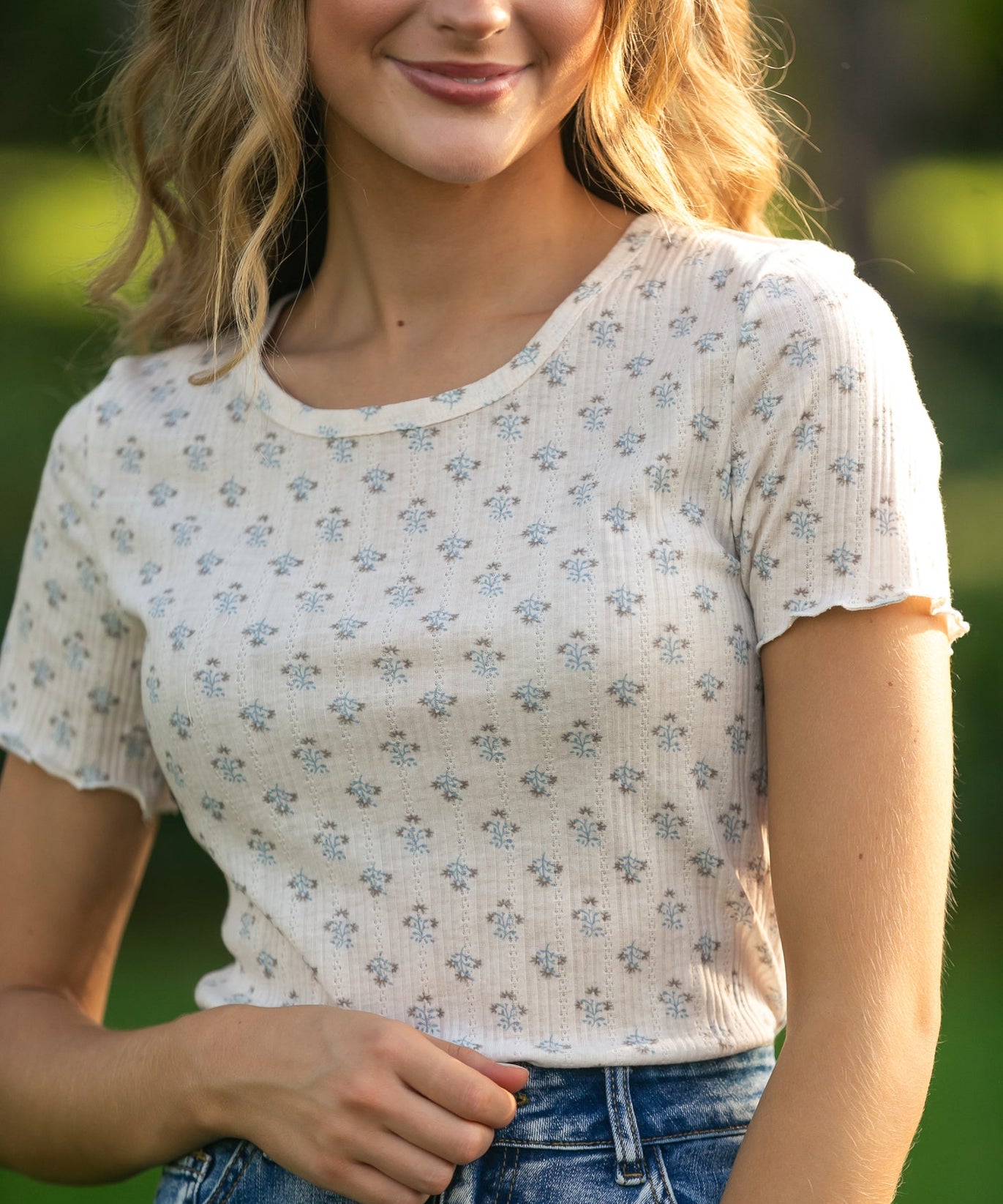 Larza Blue Floral Lettuce Hem Top - FINAL SALE