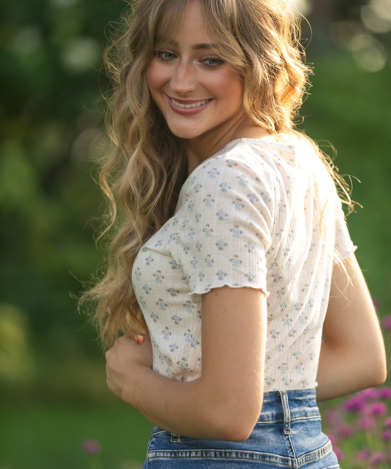 Larza Blue Floral Lettuce Hem Top - FINAL SALE