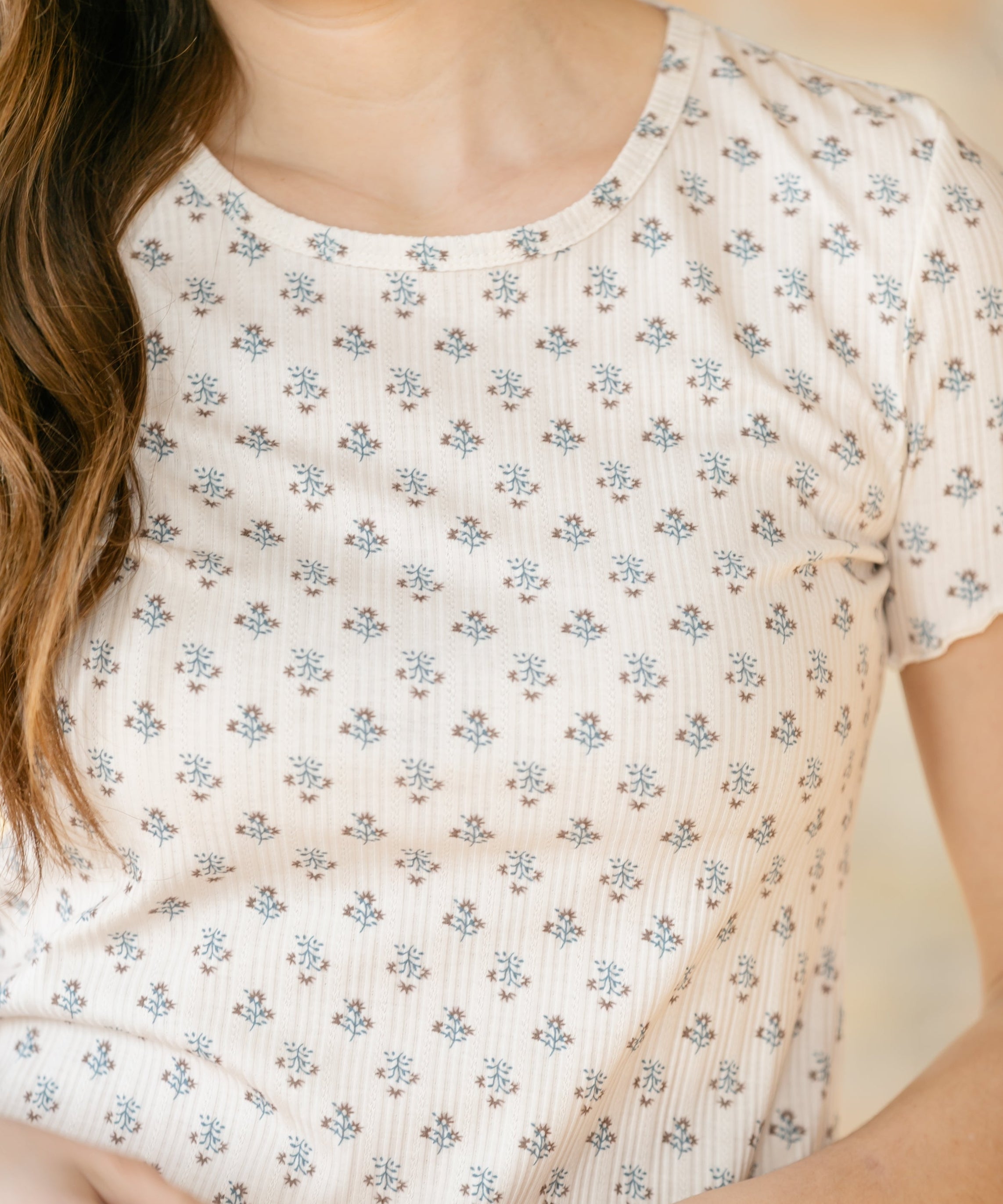 Larza Blue Floral Lettuce Hem Top - FINAL SALE