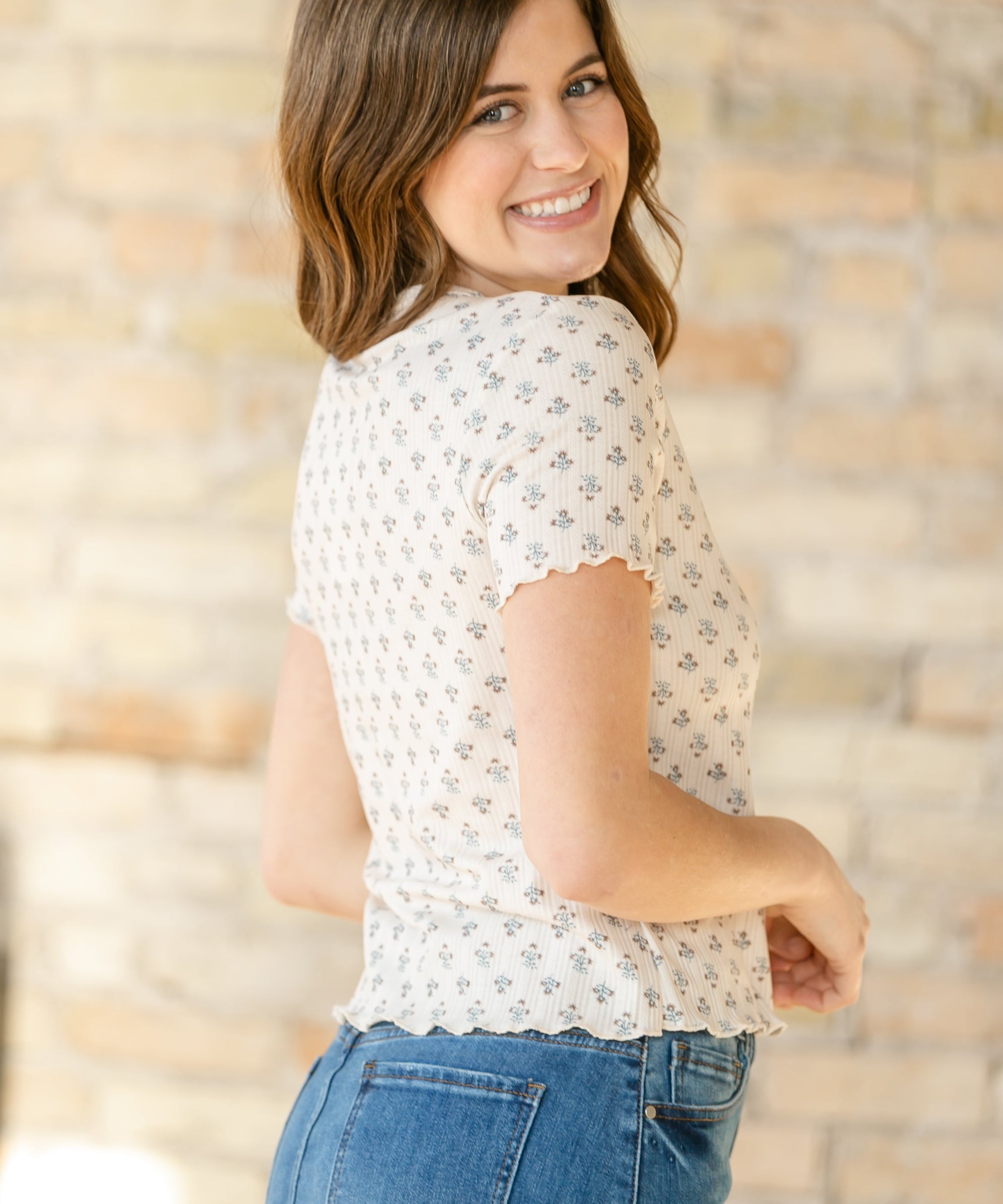 Larza Blue Floral Lettuce Hem Top - FINAL SALE