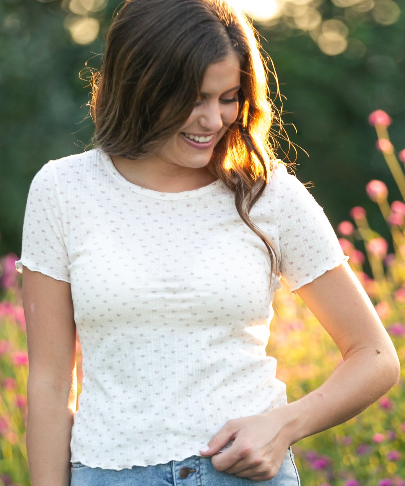 Larza Taupe Floral Lettuce Hem Top - FINAL SALE