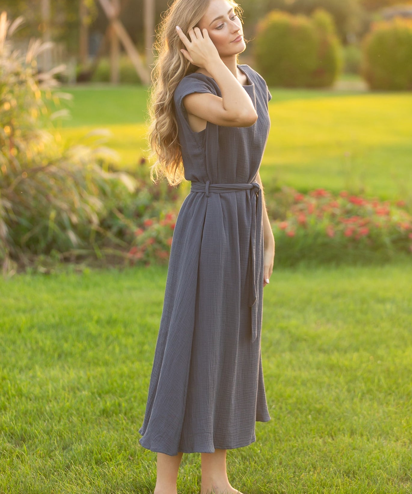 Lily Navy Gauze Belted Midi Dress