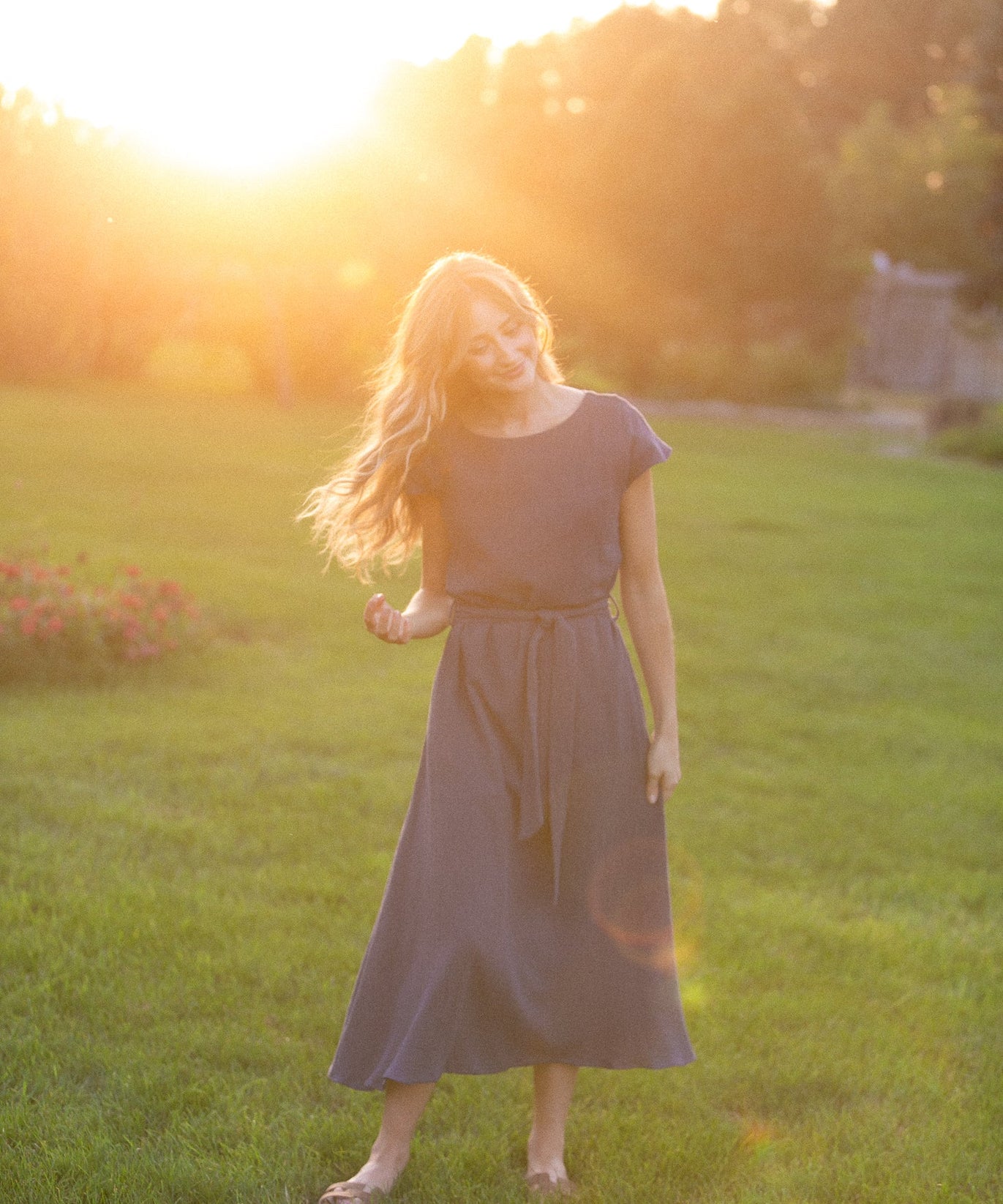 Lily Navy Gauze Belted Midi Dress