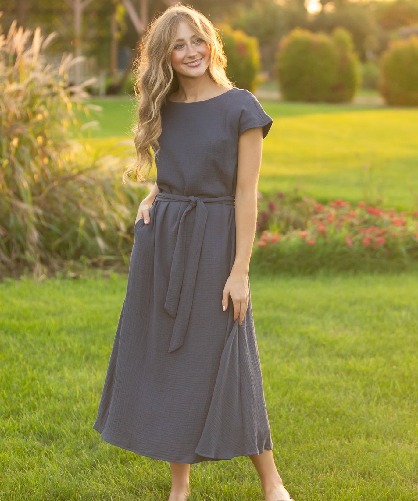 Lily Navy Gauze Belted Midi Dress