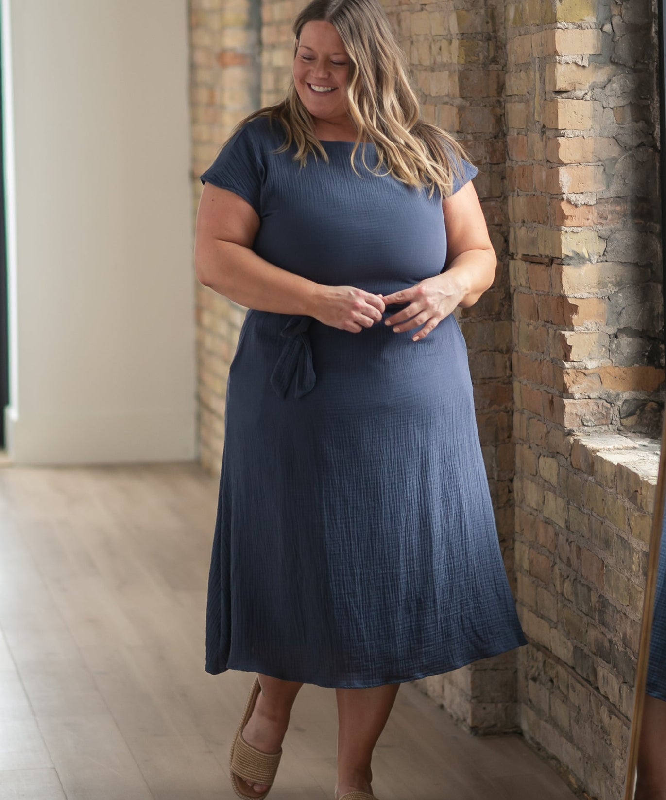 Lily Navy Gauze Belted Midi Dress