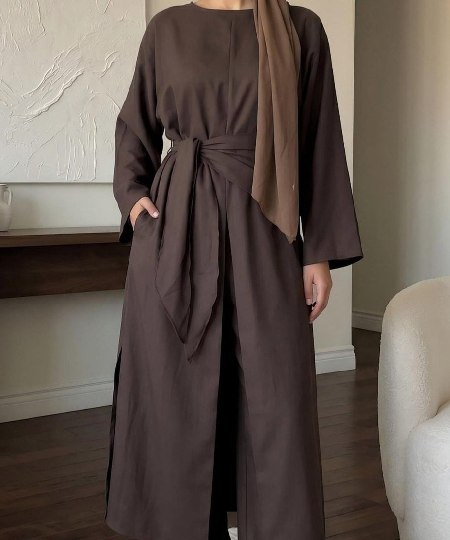 Long-Line Top, Wide-Leg Trousers & Triangle Scarf Three-Piece Co-ord Set(MS484)