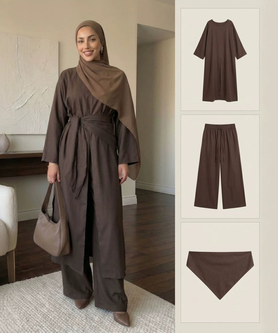 Long-Line Top, Wide-Leg Trousers & Triangle Scarf Three-Piece Co-ord Set(MS484)
