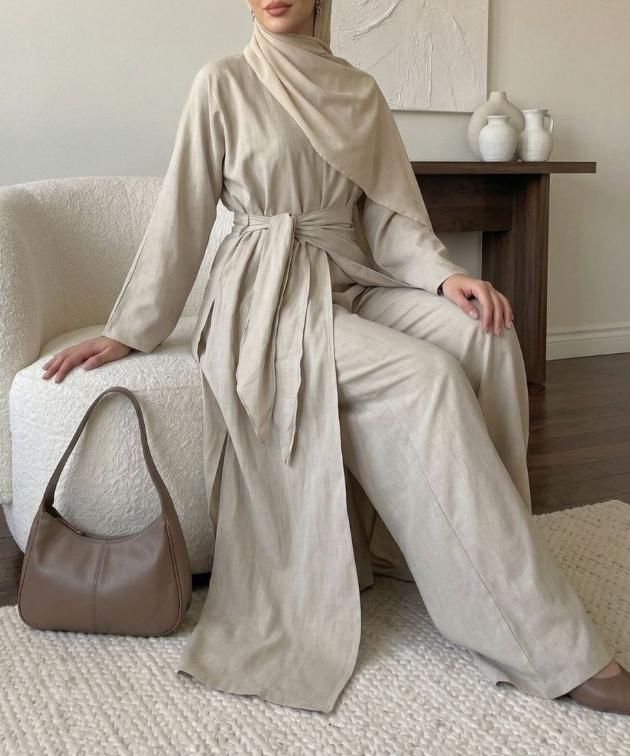 Long-Line Top, Wide-Leg Trousers & Triangle Scarf Three-Piece Co-ord Set(MS484)